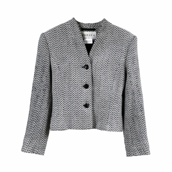 JAEGER Vintage Cropped Blazer Black/White Herringbone Cashmere/Wool Blend US 8 - Picture 3 of 12
